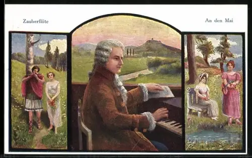 AK Mozart am Klavier, Szene aus Zauberflöte und An den Mai