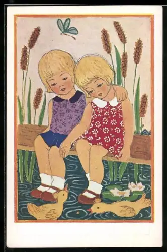 AK Junior Red Cross Summer Cards - Mädchen sitzen auf einem Steg am See, Rotes Kreuz
