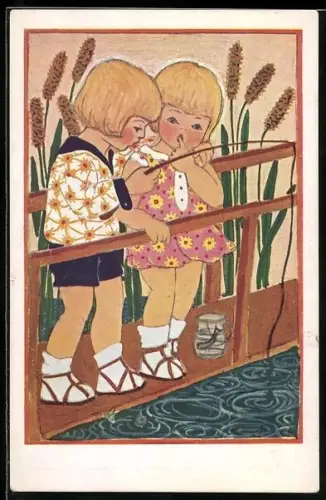 AK Rotes Kreuz, Zwei Mädchen angeln auf einer Brücke