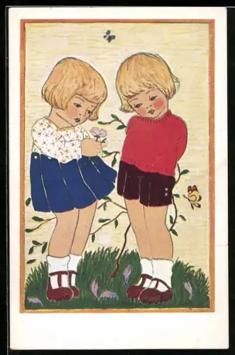 AK Kleines Mädchen gibt Jungem eine Blume, Rotes Kreuz