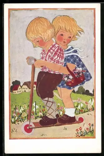 AK Zwei Kinder fahren auf einem Roller, Rotes Kreuz