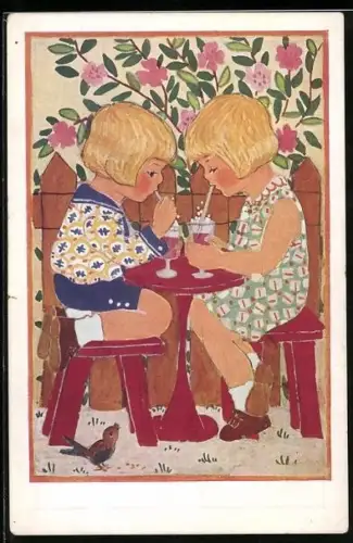 AK Zwei Kinder trinken aus Gläsern, Rotes Kreuz