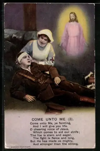 AK Krankenschwester kniet neben einem verwundeten Soldaten, Jesus, Rotes Kreuz