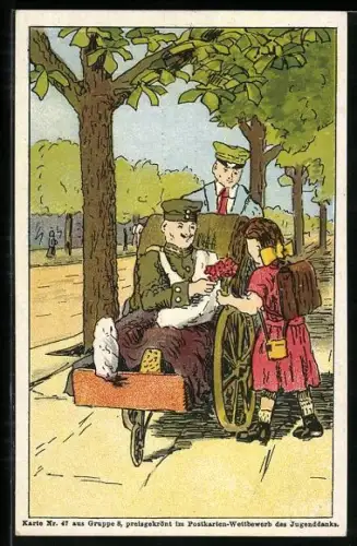 AK Mädchen bringt einem verwundeten Soldaten Blumen, Rotes Kreuz