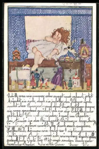 AK Kind im Bett mit Spielzeug, Puppe, Schaf, Rotes Kreuz