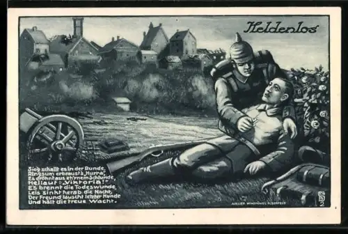 Künstler-AK Soldat im Felde mit seinem sterbenden Kameraden, Rotes Kreuz