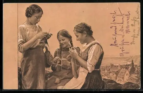 AK Für`s Vaterland, Strickende Mädchen
