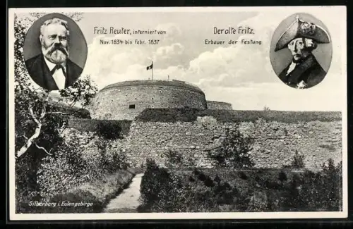 AK Silberberg i. Eulengebirge, Festung Silberberg, Portrait Fritz Reuter und König Friedrich II. von Preussen
