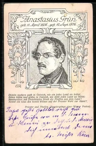 AK Anastasius Grün, Zeichnung des österreichischen Politikers und Lyrikers