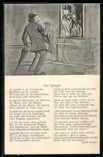 AK Der Spiegel von Adolf Stoltze, Mann mit Hut u. Schirm schaut in den Spiegel