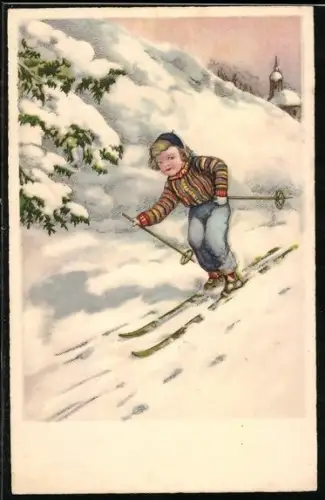 AK Skifahrendes Kind mit Kirche im Hintergrund
