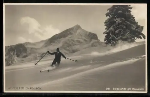 AK Garmisch, Skifahrer mit Rudolphi im Hintergrund