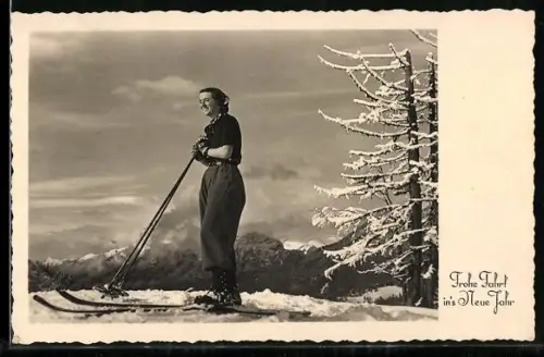 AK Skifahrerin mit Gebirgspanorama