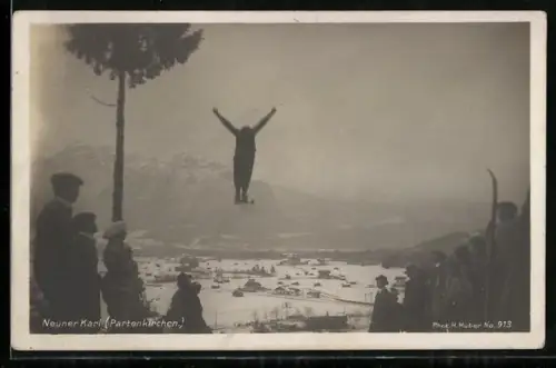 AK Neuner Karl /Partenkirchen, Skifahrer im Sprung mit Gebirgspanorama