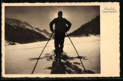 AK Skifahrer blickt der Sonne entgegen