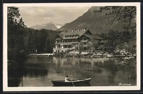 AK Badersee, Seehotel am Badesee, Ruderboot, bayerische Alpen