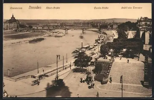 AK Dresden, Ministerium, Albert-Brücke, Carolabrücke, Brühlsche Terrasse