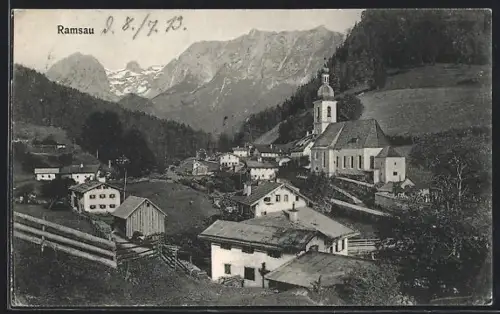 AK Ramsau, Ortsansicht mit Kirche und Alpenpanorama