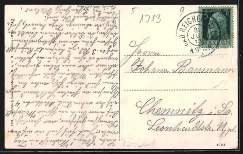 AK Ramsau, Ortsansicht mit Kirche und Alpenpanorama