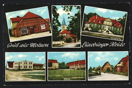 AK Molzen / Lüneburger Heide, Kaufhaus-Gaststätte Heinrich Niemann, Spedition Klein, Kirche