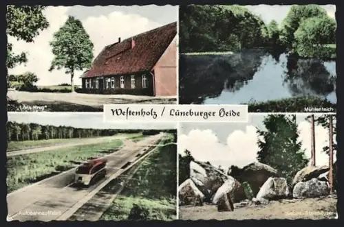 AK Westenholz /Lüneburger Heide, Gasthaus Löns-Krug, Mühlenteich, Autobahnauffahrt