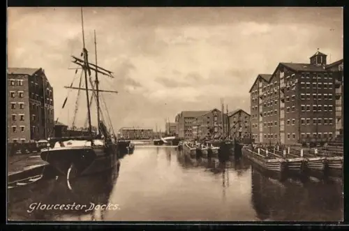 AK Gloucester, View of the Docks with sailing vessel berthed to the pier