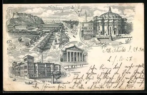 Lithographie Edinburgh, Surgeons Hall, New University Buildings, Princess Street looking West