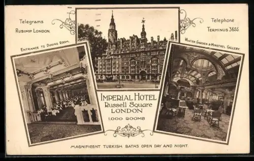 AK London, Imperial Hotel Russel Square, Entrance to Dining Room, Winter Garden & Minstrel Gallery