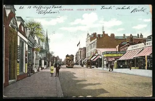 AK Clapham, High Street, Strassenbahn