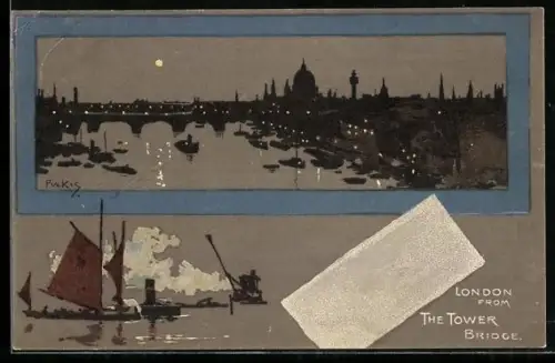 Künstler-AK London, View from the Tower Bridge with Thames at moonlight