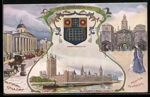 Künstler-AK London, Westminster, Houses of Parliament, National Gallery, Horse Guards