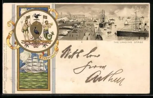 Lithographie Liverpool, The Landing Stage, Coat of Arms