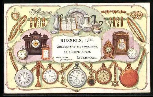 Künstler-AK Liverpool, Russels Ltd., Goldsmiths & Jewellers, 18, Church Street