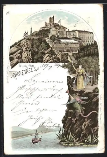 Lithographie Drachenfels, Burgruine, Flusspartie mit Boot