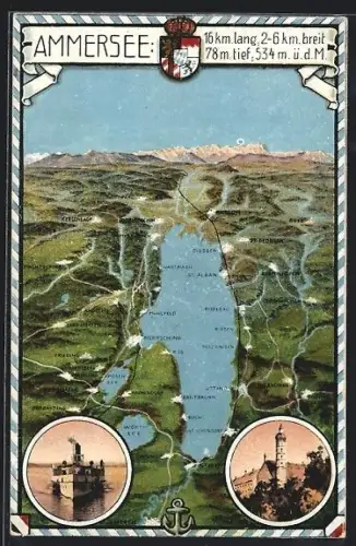 AK Holzhausen /Ammersee, Übersichtskarte der Orte am Ammersee, Diessen, St. Alban, Utting