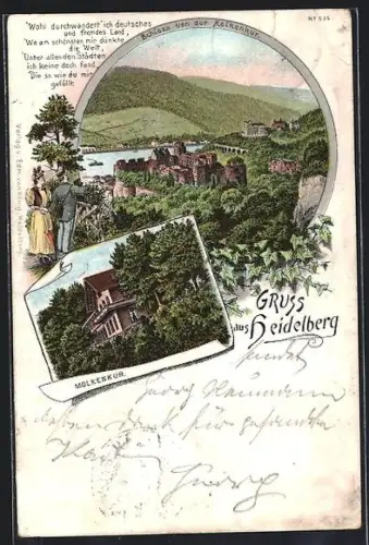 Lithographie Heidelberg, Schloss von der Molkenkur, Molkenkur