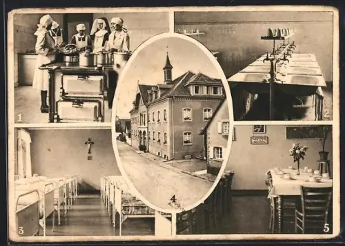 AK Schwarzach /Baden, St. Franziskusheim, Lehrküche, Waschraum, Schlafsaal, Altbau, Esszimmer