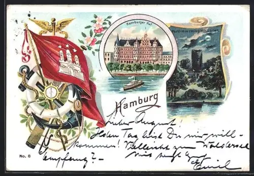 Lithographie Hamburg-Neustadt, Hamburger Hof, Im zoologischen Garten, Flagge