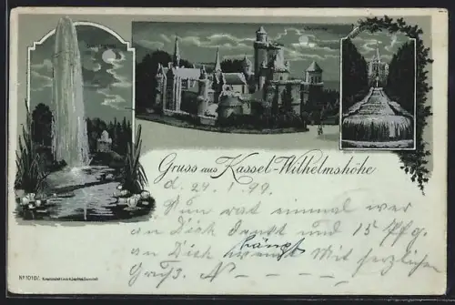 Mondschein-Lithographie Kassel-Wilhelmshöhe, Löwenburg, Cascaden, Grosse Fontäne