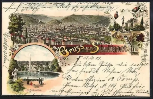 Lithographie Stuttgart, K. Residenzschloss, Eugensbrunnen