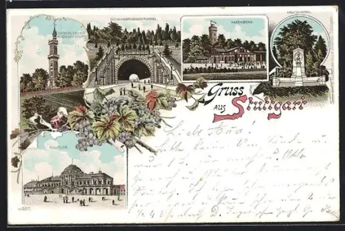 Lithographie Stuttgart, Schwabstrassentunnel, Hasenberg, Solitude, Haufdenkmal