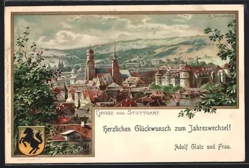 Lithographie Stuttgart, Ortspanorama mit Wappen