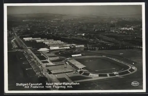 AK Stuttgart-Cannstadt,  Kampfbahn mit Festwiese vom Flugzeug aus