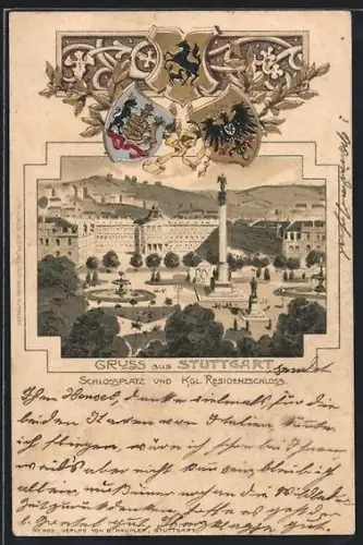 Passepartout-Lithographie Stuttgart, Schlossplatz und Königliches Residenzschloss, Wappen