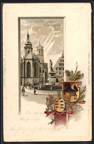 Passepartout-Lithographie Stuttgart, Stadtkirche mit Schillerdenkmal, Wappen
