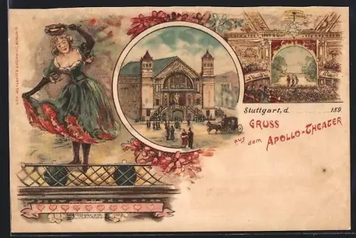Lithographie Stuttgart, Apollo Theater, Innen und Aussenansicht, Tänzerin
