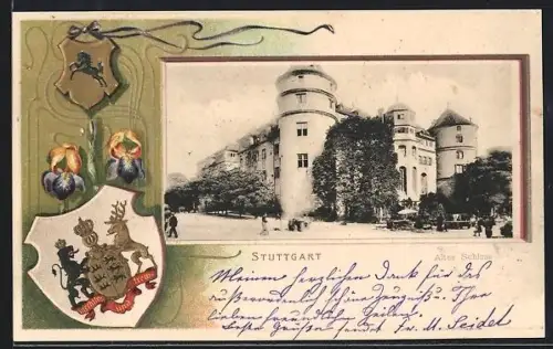 Passepartout-Lithographie Stuttgart, Altes Schloss, Wappen