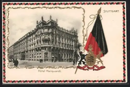 Präge-AK Stuttgart, Hotel Marquardt, Fahne und Wappen