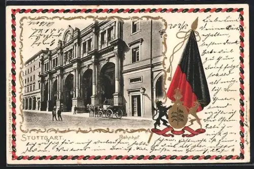 Passepartout-Lithographie Stuttgart, Bahnhof, Wappen mit Flagge