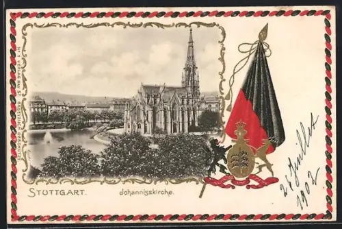 AK Stuttgart, Ortspartie mit der Johanniskirche, Wappen
